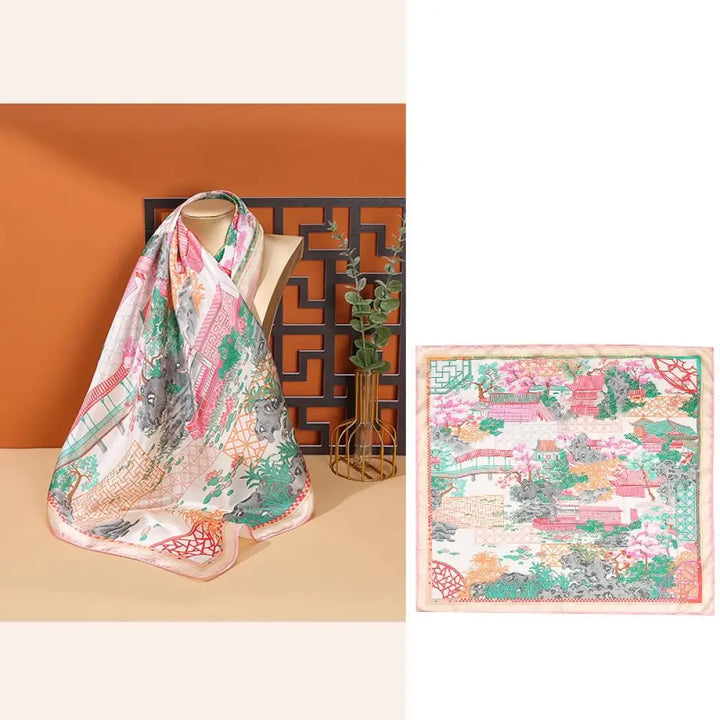 Buddha Stones Pastoral Scene Hot Air Balloon Spring Blossom 100% Mulberry Silk Neck Hair Scarf - Spring Scenery - Silk