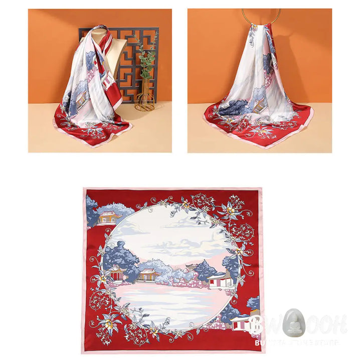 Buddha Stones Pastoral Scene Hot Air Balloon Spring Blossom 100% Mulberry Silk Neck Hair Scarf - Silk Shawl