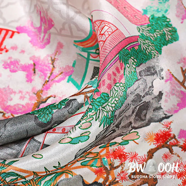 Buddha Stones Pastoral Scene Hot Air Balloon Spring Blossom 100% Mulberry Silk Neck Hair Scarf - Silk Shawl