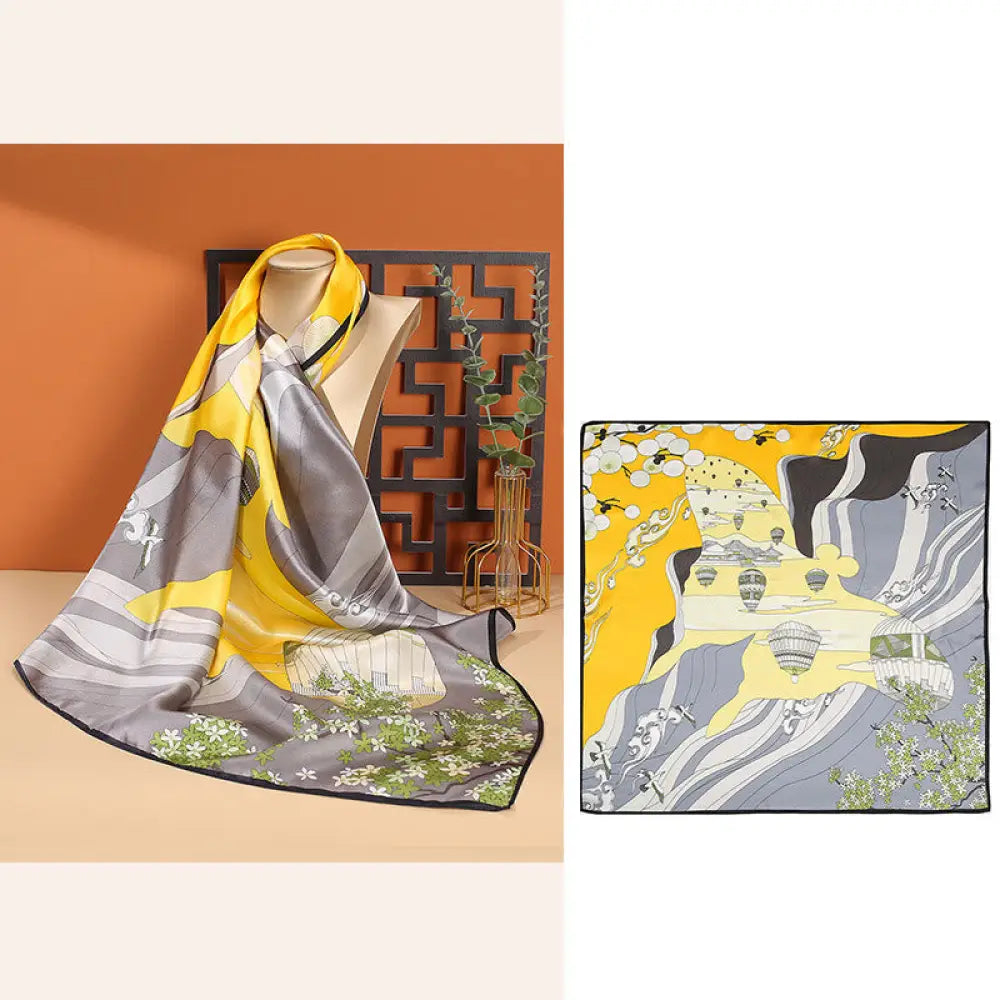 Buddha Stones Pastoral Scene Hot Air Balloon Spring Blossom 100% Mulberry Silk Neck Hair Scarf - Yellow Hot Air Balloon