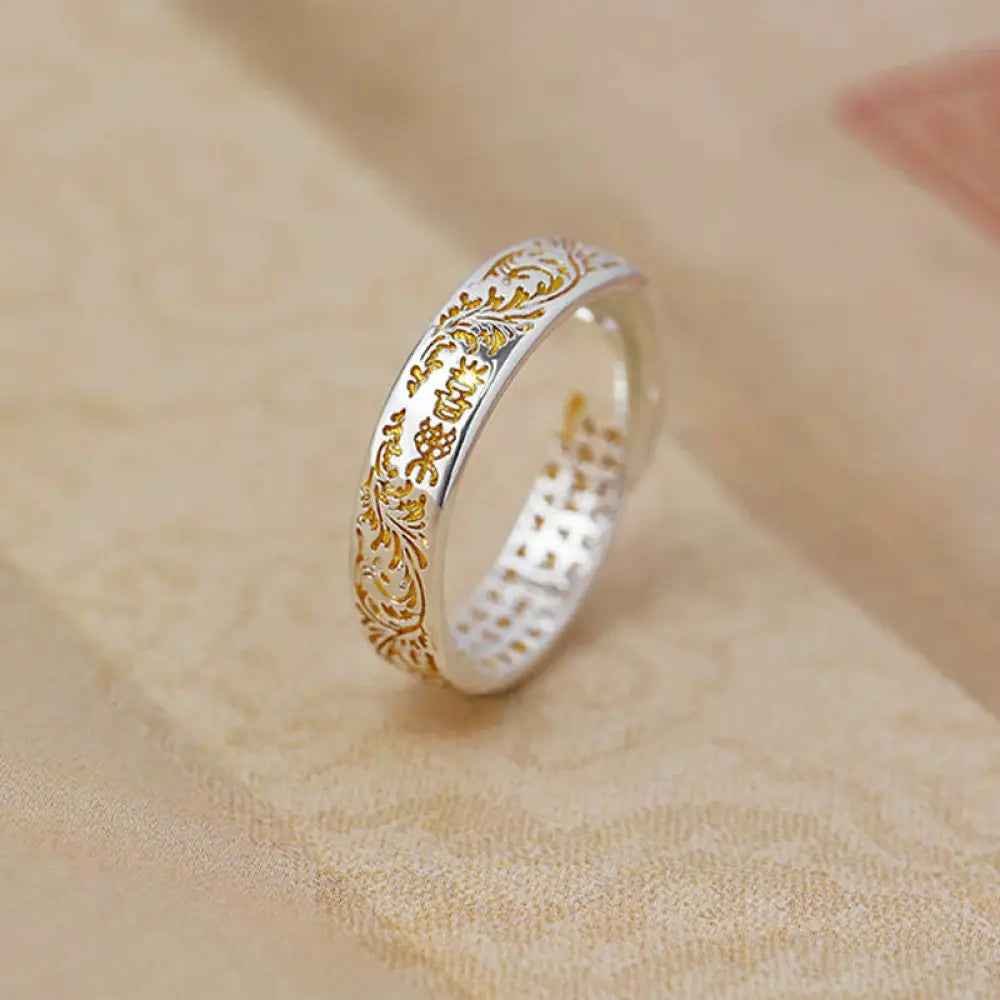 Buddha Stones Peace and Joy Tang Dynasty Flower Design Lotus Heart Sutra Carved Copper Luck Adjustable Ring - BWOOOH