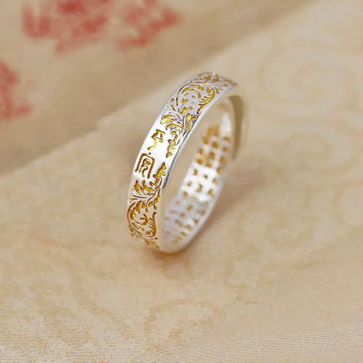 Buddha Stones Peace and Joy Tang Dynasty Flower Design Lotus Heart Sutra Carved Copper Luck Adjustable Ring - BWOOOH