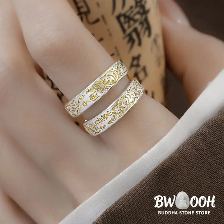 Buddha Stones Peace and Joy Tang Dynasty Flower Design Lotus Heart Sutra Carved Copper Luck Adjustable Ring - BWOOOH