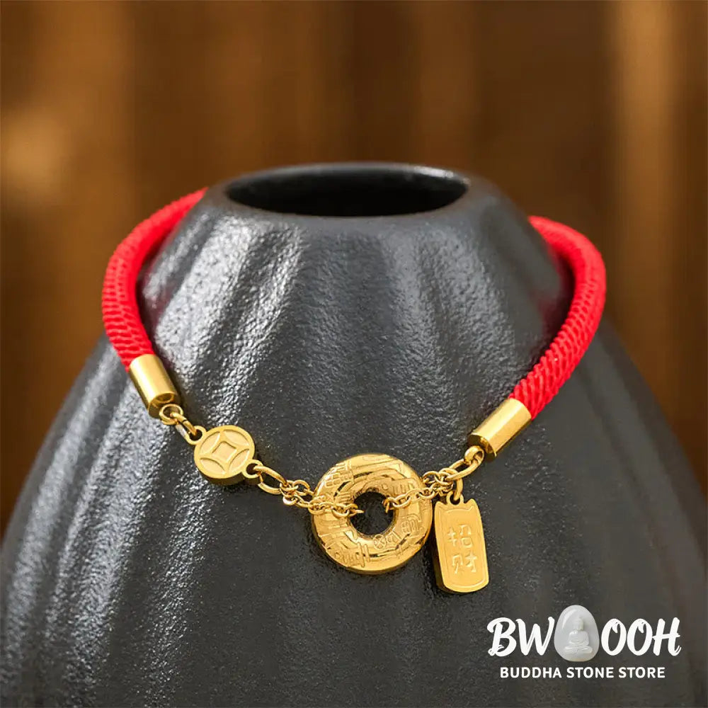 Buddha Stones Peace Buckle Attract Fortune Charm Titanium Steel Red String Connection Bracelet - Red String(Wrist