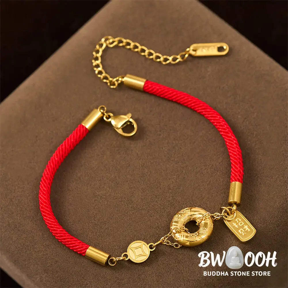 Buddha Stones Peace Buckle Attract Fortune Charm Titanium Steel Red String Connection Bracelet - Red String(Wrist