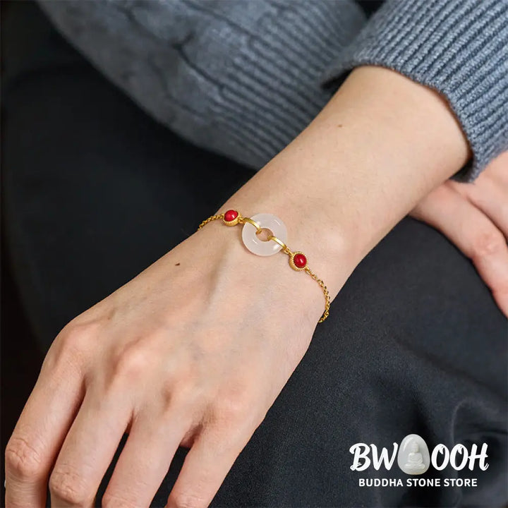 Buddha Stones Peace Buckle Hetian White Jade Copper Plated Gold Protection Bracelet - Hetian White Jade(Wrist