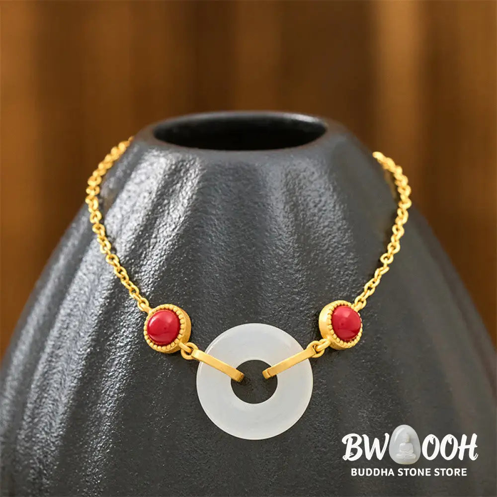 Buddha Stones Peace Buckle Hetian White Jade Copper Plated Gold Protection Bracelet - Hetian White Jade(Wrist