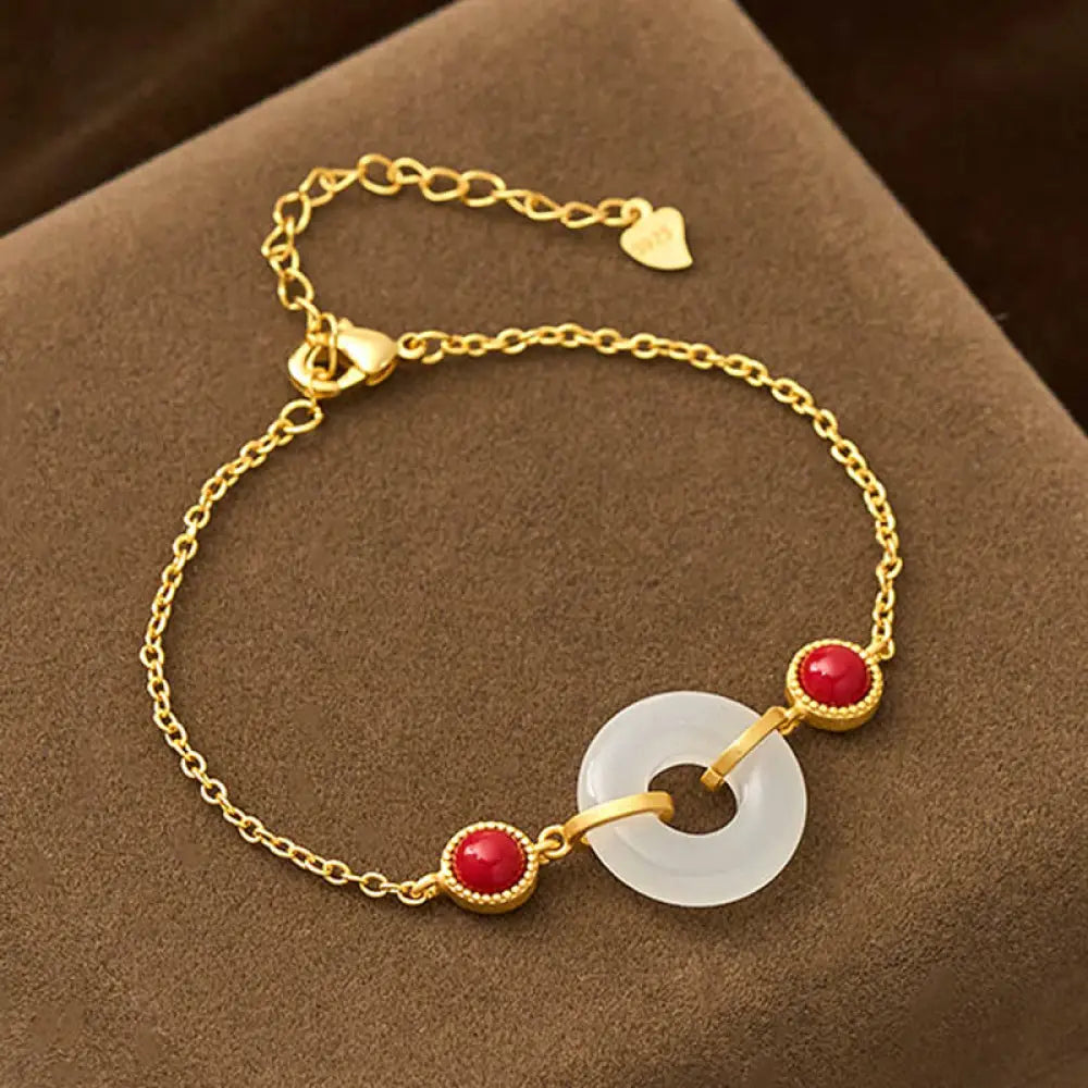 Buddha Stones Peace Buckle Hetian White Jade Copper Plated Gold Protection Bracelet - Hetian White Jade(Wrist
