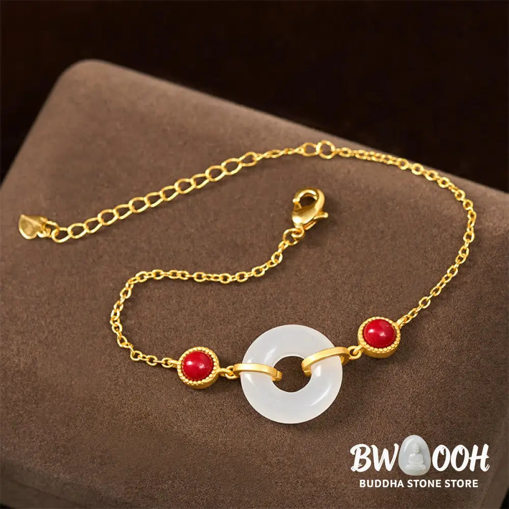Buddha Stones Peace Buckle Hetian White Jade Copper Plated Gold Protection Bracelet - Hetian White Jade(Wrist
