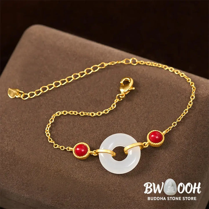 Buddha Stones Peace Buckle Hetian White Jade Copper Plated Gold Protection Bracelet - Hetian White Jade(Wrist