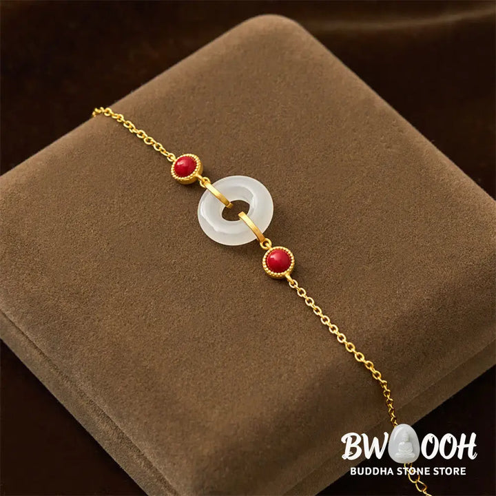 Buddha Stones Peace Buckle Hetian White Jade Copper Plated Gold Protection Bracelet - Hetian White Jade(Wrist