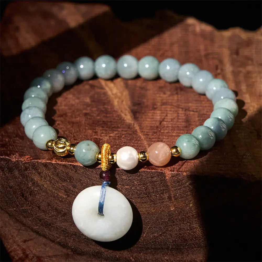 Buddha Stones Peace Buckle Jade Round Beaded Luck Auspicious Bracelet - Jade(Wrist Circumference: 14-16cm) / 6.8mm