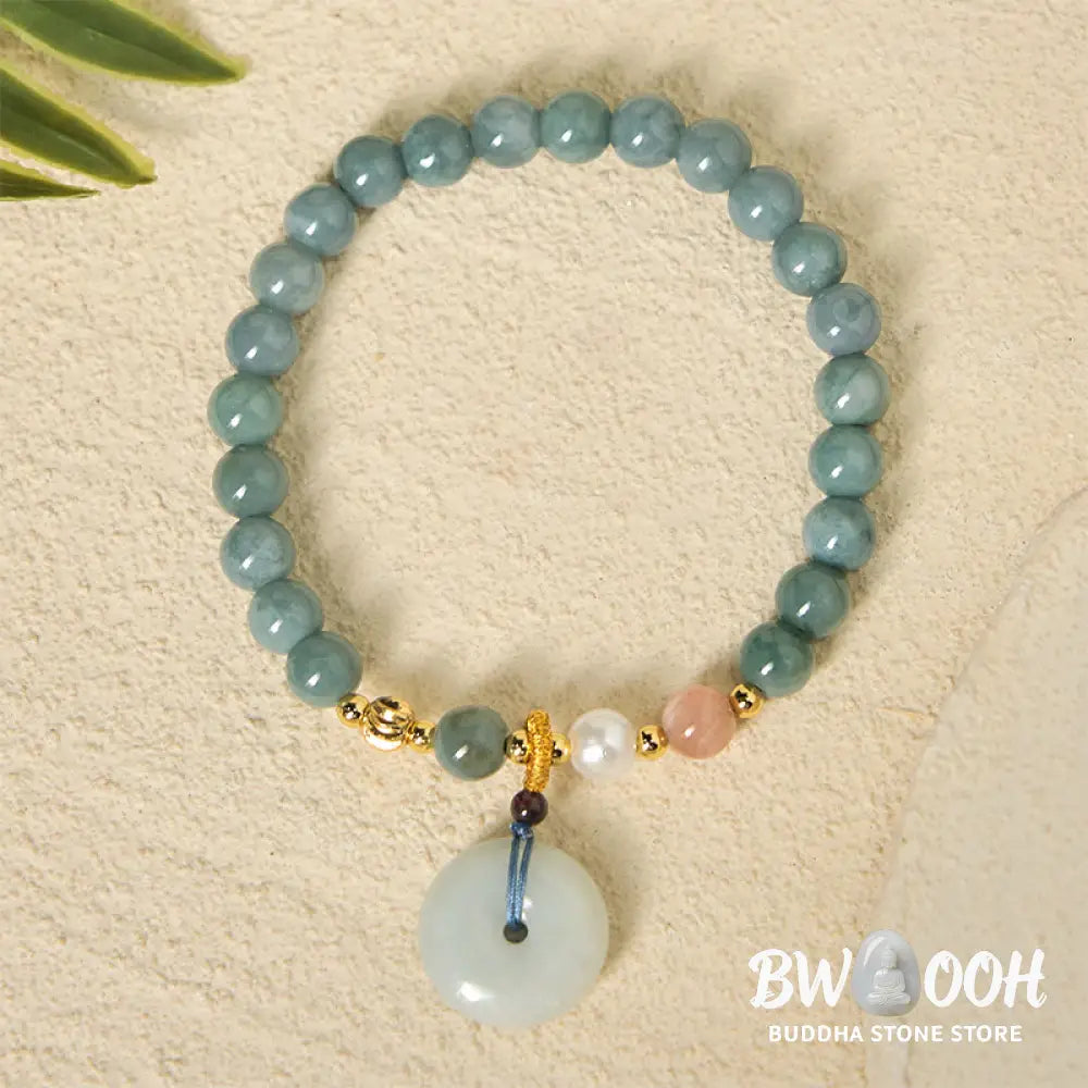 Buddha Stones Peace Buckle Jade Round Beaded Luck Auspicious Bracelet - Jade(Wrist Circumference: 14-16cm) / 6.8mm