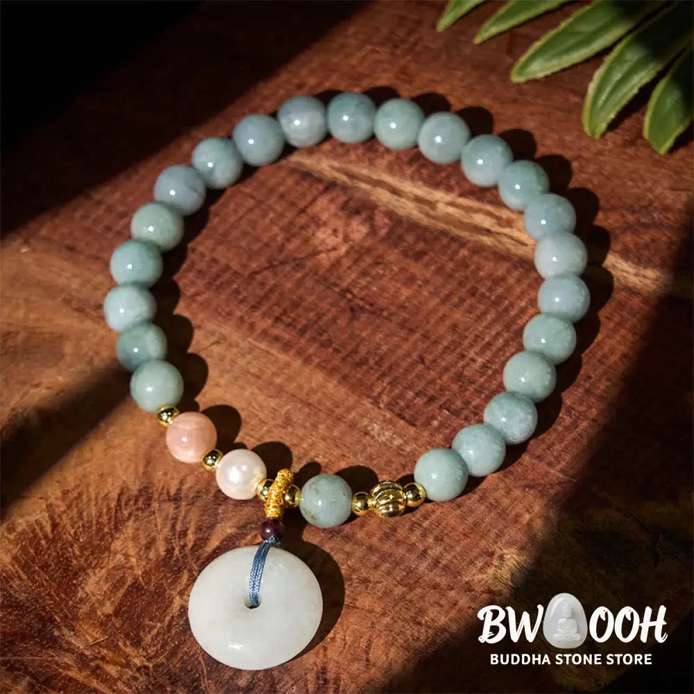 Buddha Stones Peace Buckle Jade Round Beaded Luck Auspicious Bracelet - Jade(Wrist Circumference: 14-16cm) / 6.8mm