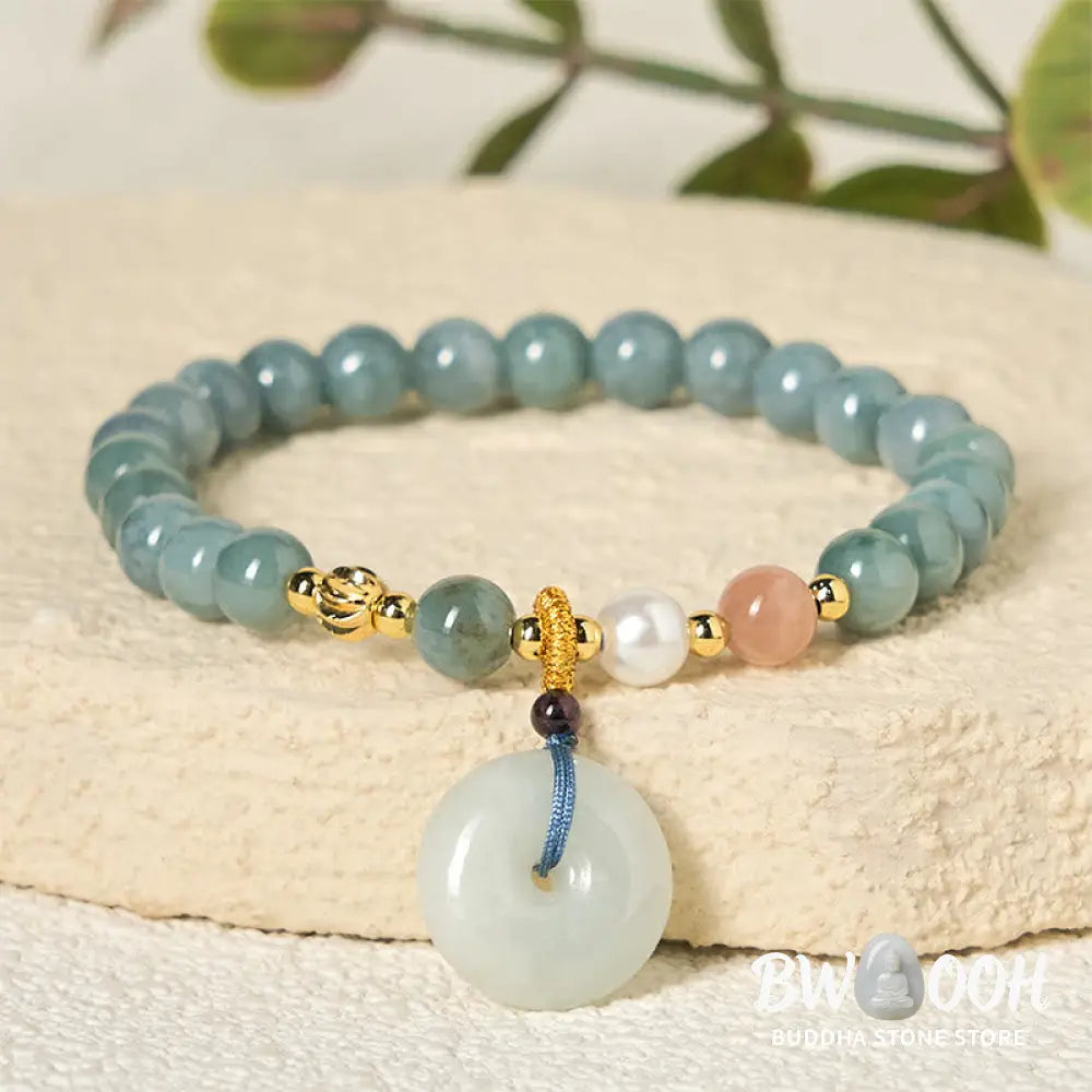 Buddha Stones Peace Buckle Jade Round Beaded Luck Auspicious Bracelet - Jade(Wrist Circumference: 14-16cm) / 6.8mm