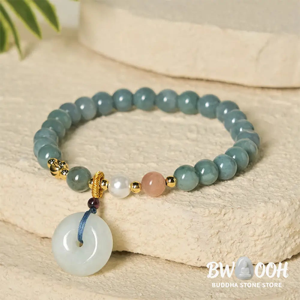 Buddha Stones Peace Buckle Jade Round Beaded Luck Auspicious Bracelet - Jade(Wrist Circumference: 14-16cm) / 6.8mm