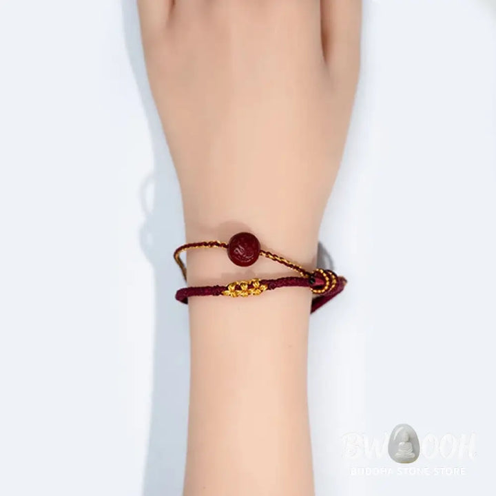 Buddha Stones Peach Blossom Knot Cinnabar Beads Eight-strand Braid Blessing Bracelet - Red Rope &amp; Cinnabar(Wrist