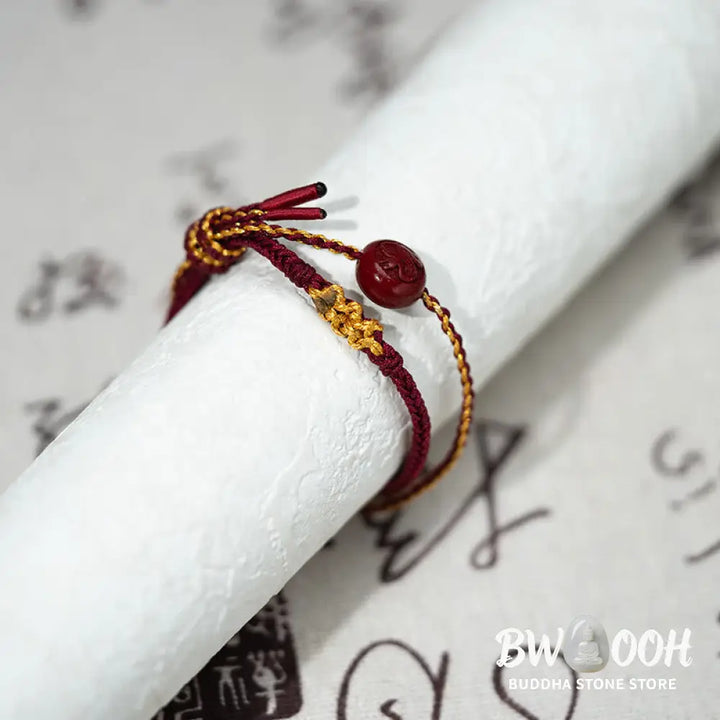 Buddha Stones Peach Blossom Knot Cinnabar Beads Eight-strand Braid Blessing Bracelet - Red Rope &amp; Cinnabar(Wrist
