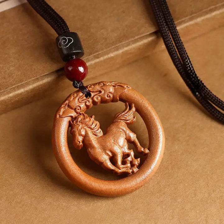 Buddha Stones Peach Wood Chinese Zodiac Year Of The Horse Ward Off Evil Spirits Necklace Pendants - BWOOOH - Peach
