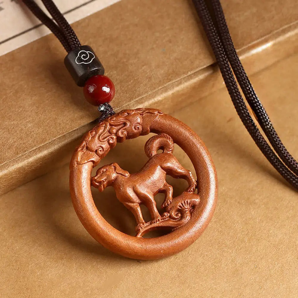 Buddha Stones Peach Wood Chinese Zodiac Year Of The Horse Ward Off Evil Spirits Necklace Pendants - BWOOOH - Peach