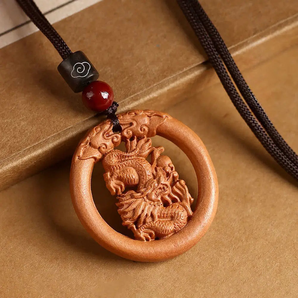 Buddha Stones Peach Wood Chinese Zodiac Year Of The Horse Ward Off Evil Spirits Necklace Pendants - BWOOOH - Peach
