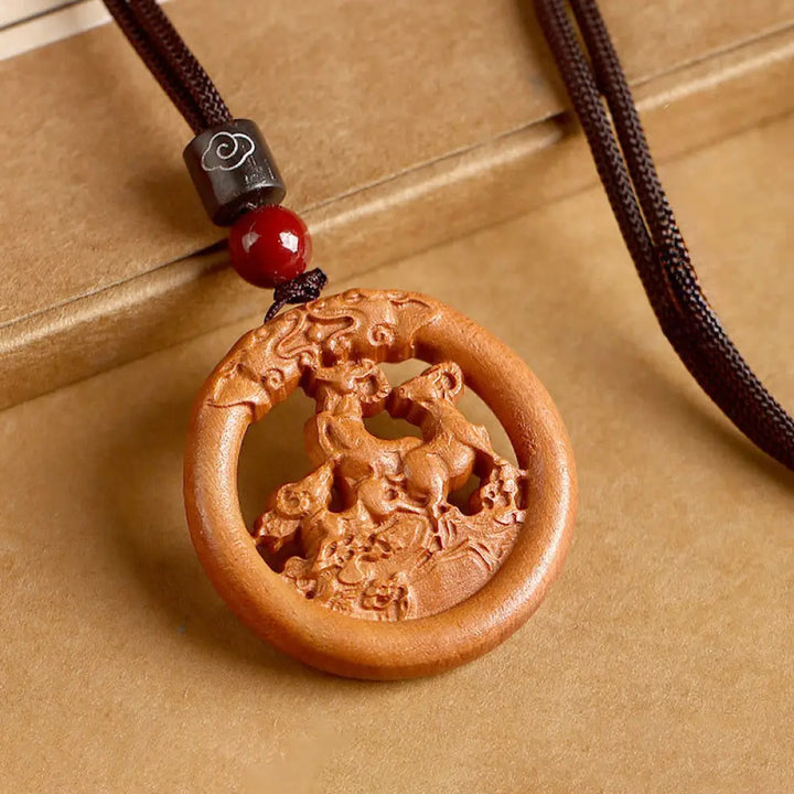 Buddha Stones Peach Wood Chinese Zodiac Year Of The Horse Ward Off Evil Spirits Necklace Pendants - BWOOOH - Peach