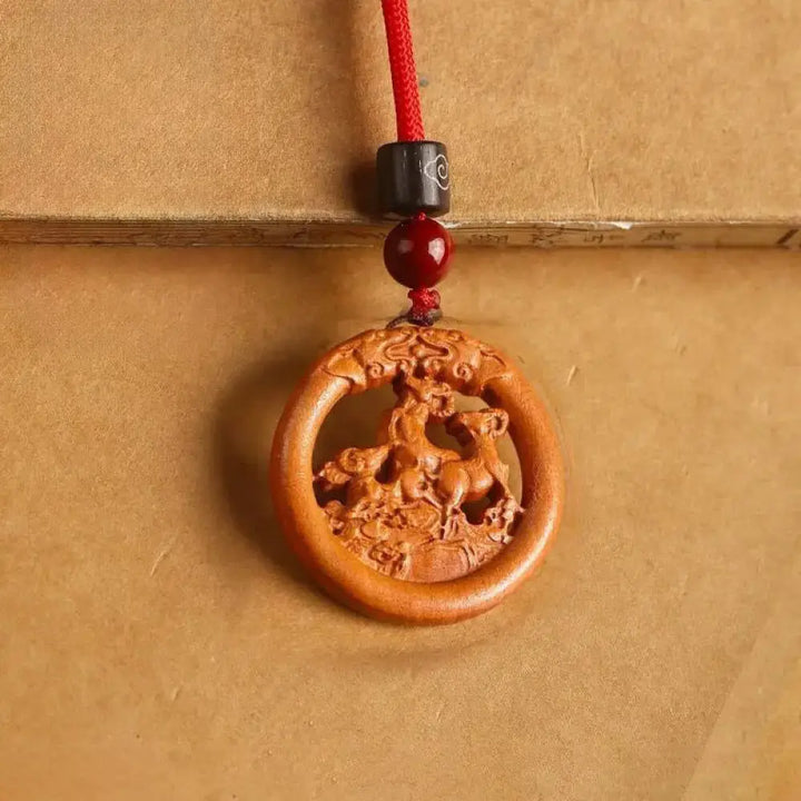 Buddha Stones Peach Wood Chinese Zodiac Year Of The Horse Ward Off Evil Spirits Necklace Pendants - BWOOOH - Peach