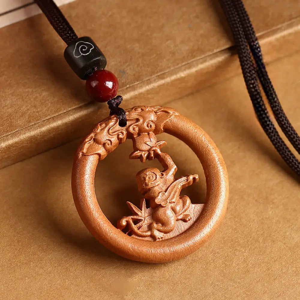 Buddha Stones Peach Wood Chinese Zodiac Year Of The Horse Ward Off Evil Spirits Necklace Pendants - BWOOOH - Peach
