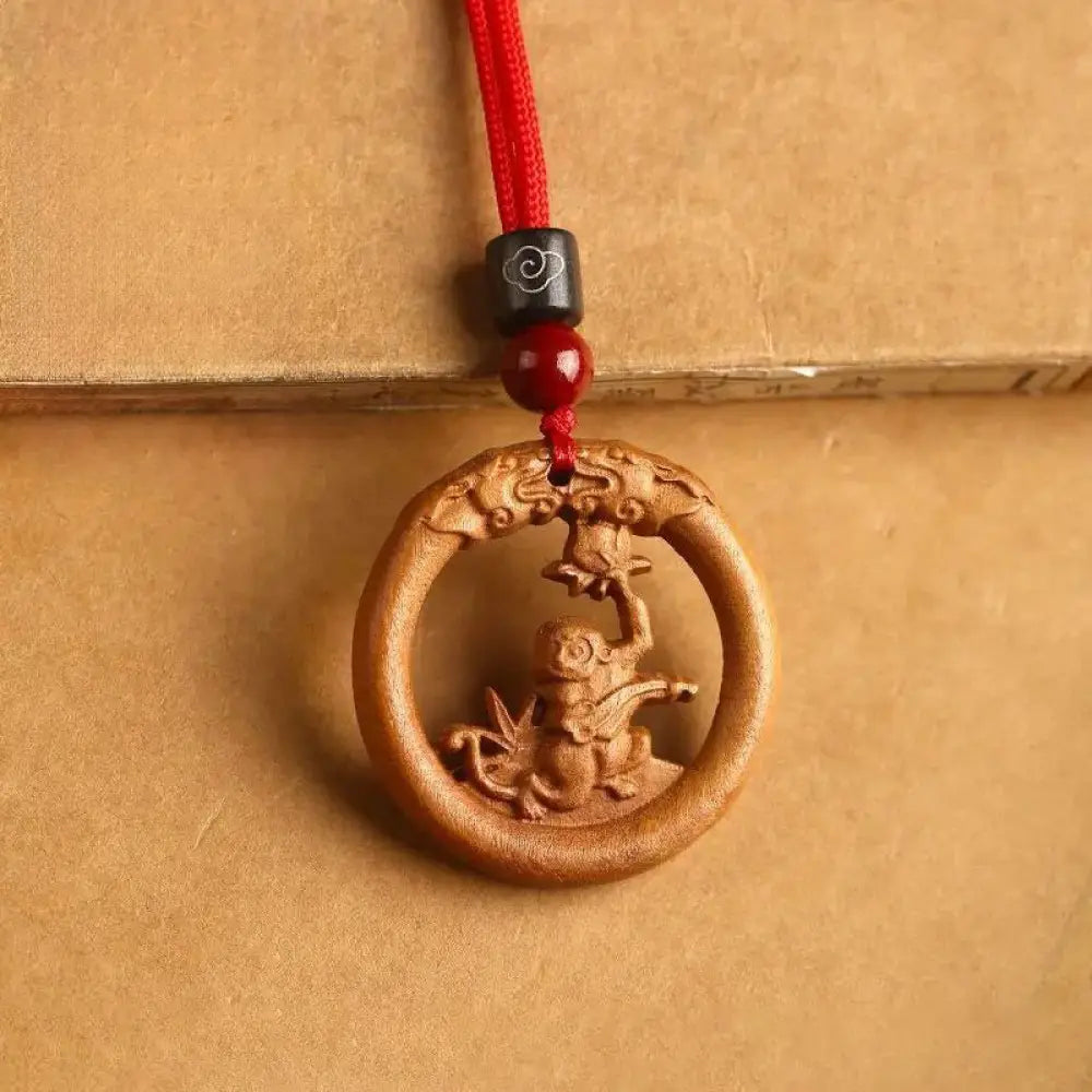 Buddha Stones Peach Wood Chinese Zodiac Year Of The Horse Ward Off Evil Spirits Necklace Pendants - BWOOOH - Peach