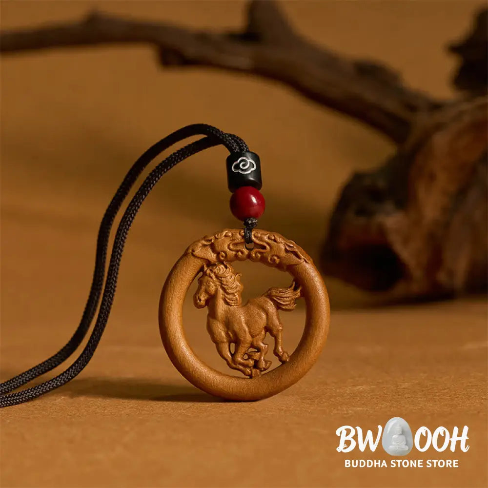 Buddha Stones Peach Wood Chinese Zodiac Year Of The Horse Ward Off Evil Spirits Necklace Pendants - BWOOOH - Necklaces