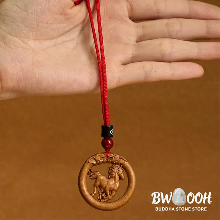 Buddha Stones Peach Wood Chinese Zodiac Year Of The Horse Ward Off Evil Spirits Necklace Pendants - BWOOOH - Necklaces