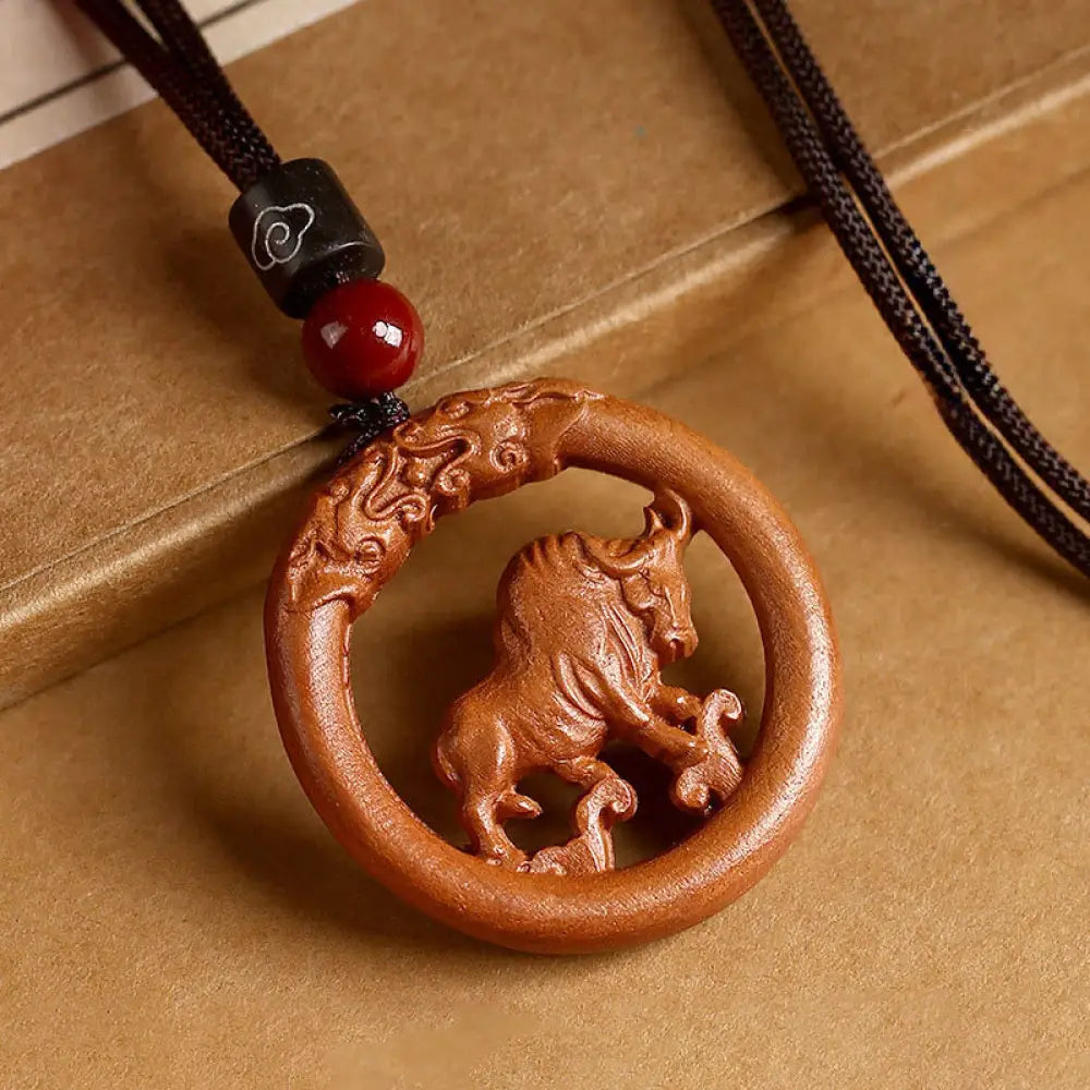 Buddha Stones Peach Wood Chinese Zodiac Year Of The Horse Ward Off Evil Spirits Necklace Pendants - BWOOOH - Peach