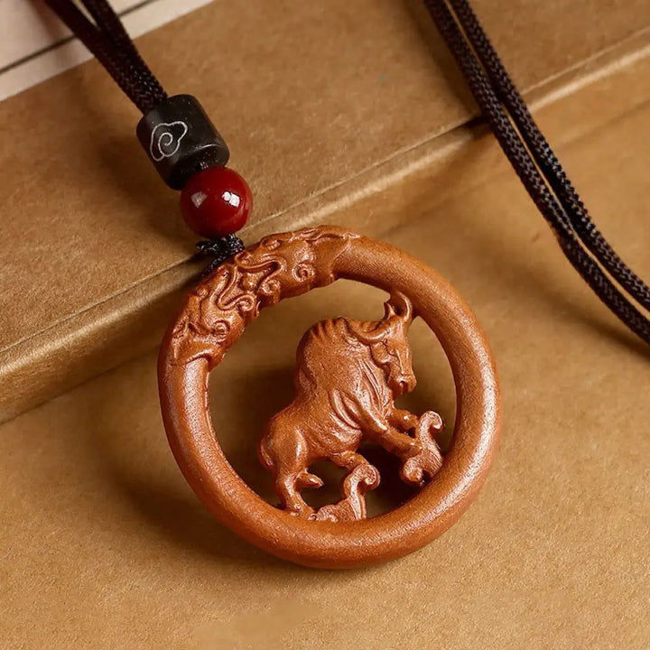 Buddha Stones Peach Wood Chinese Zodiac Year Of The Horse Ward Off Evil Spirits Necklace Pendants - BWOOOH - Peach