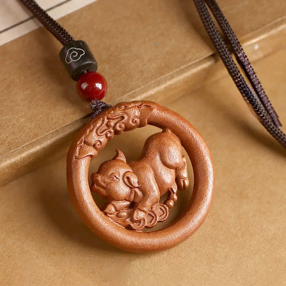 Buddha Stones Peach Wood Chinese Zodiac Year Of The Horse Ward Off Evil Spirits Necklace Pendants - BWOOOH - Peach