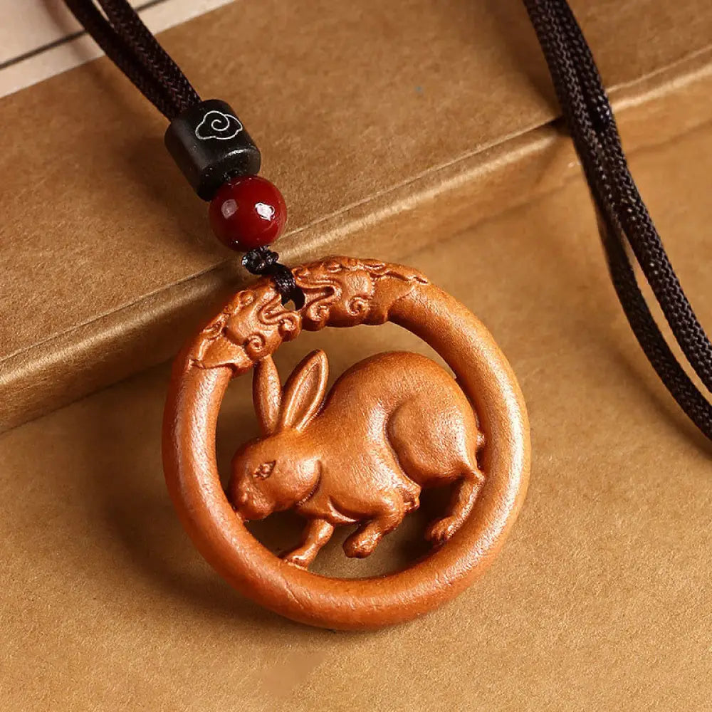 Buddha Stones Peach Wood Chinese Zodiac Year Of The Horse Ward Off Evil Spirits Necklace Pendants - BWOOOH - Peach