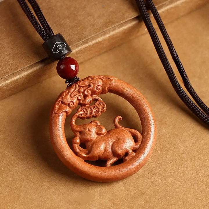 Buddha Stones Peach Wood Chinese Zodiac Year Of The Horse Ward Off Evil Spirits Necklace Pendants - BWOOOH - Peach