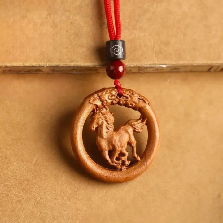 Buddha Stones Peach Wood Chinese Zodiac Year Of The Horse Ward Off Evil Spirits Necklace Pendants - BWOOOH - Peach