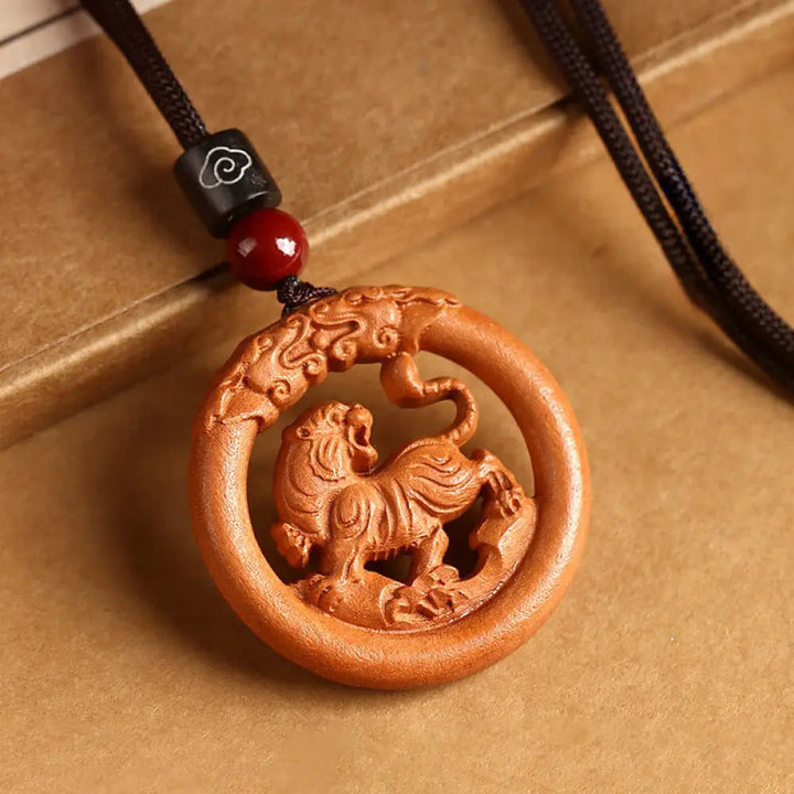 Buddha Stones Peach Wood Chinese Zodiac Year Of The Horse Ward Off Evil Spirits Necklace Pendants - BWOOOH - Peach