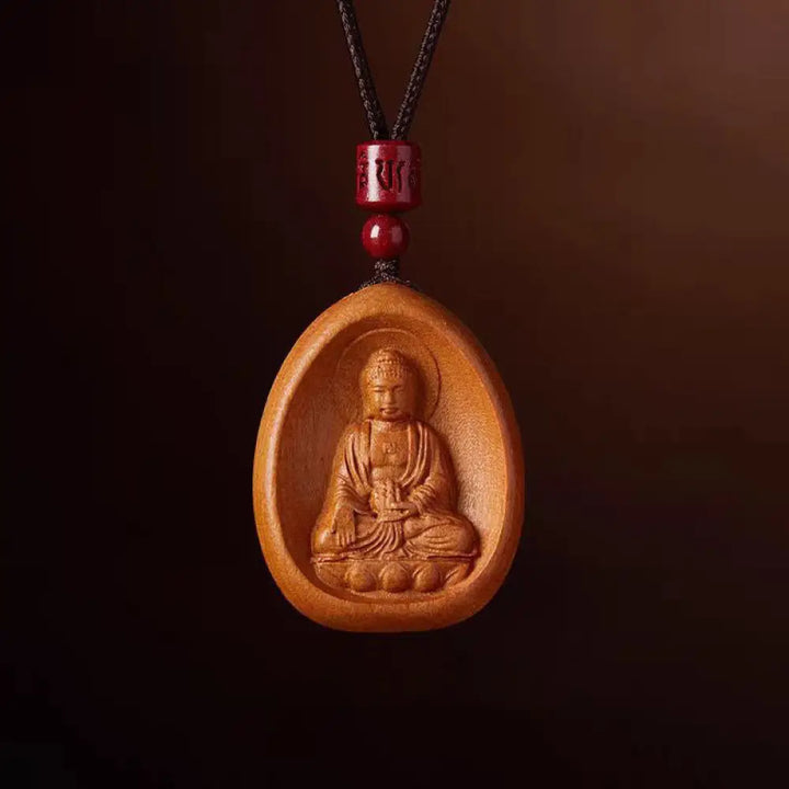 Buddha Stones Peach Wood Cinnabar Om Mani Padme Hum Chinese Zodiac Black String Necklace Pendants - BWOOOH - Peach