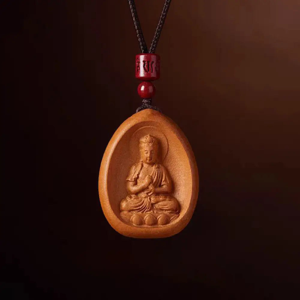 Buddha Stones Peach Wood Cinnabar Om Mani Padme Hum Chinese Zodiac Black String Necklace Pendants - BWOOOH - Peach