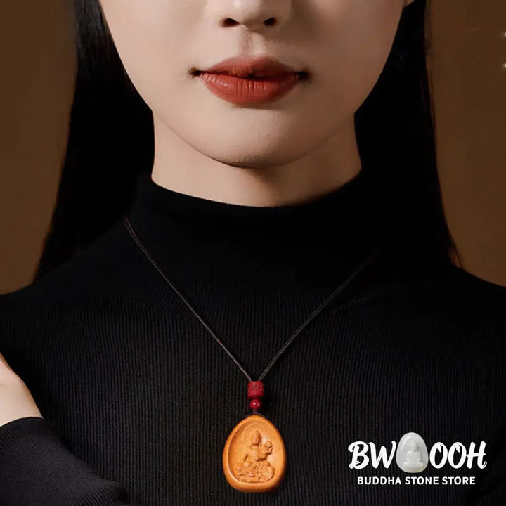 Buddha Stones Peach Wood Cinnabar Om Mani Padme Hum Chinese Zodiac Black String Necklace Pendants - BWOOOH - Necklaces