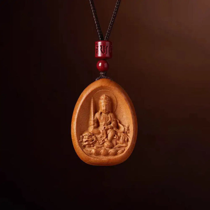 Buddha Stones Peach Wood Cinnabar Om Mani Padme Hum Chinese Zodiac Black String Necklace Pendants - BWOOOH - Peach