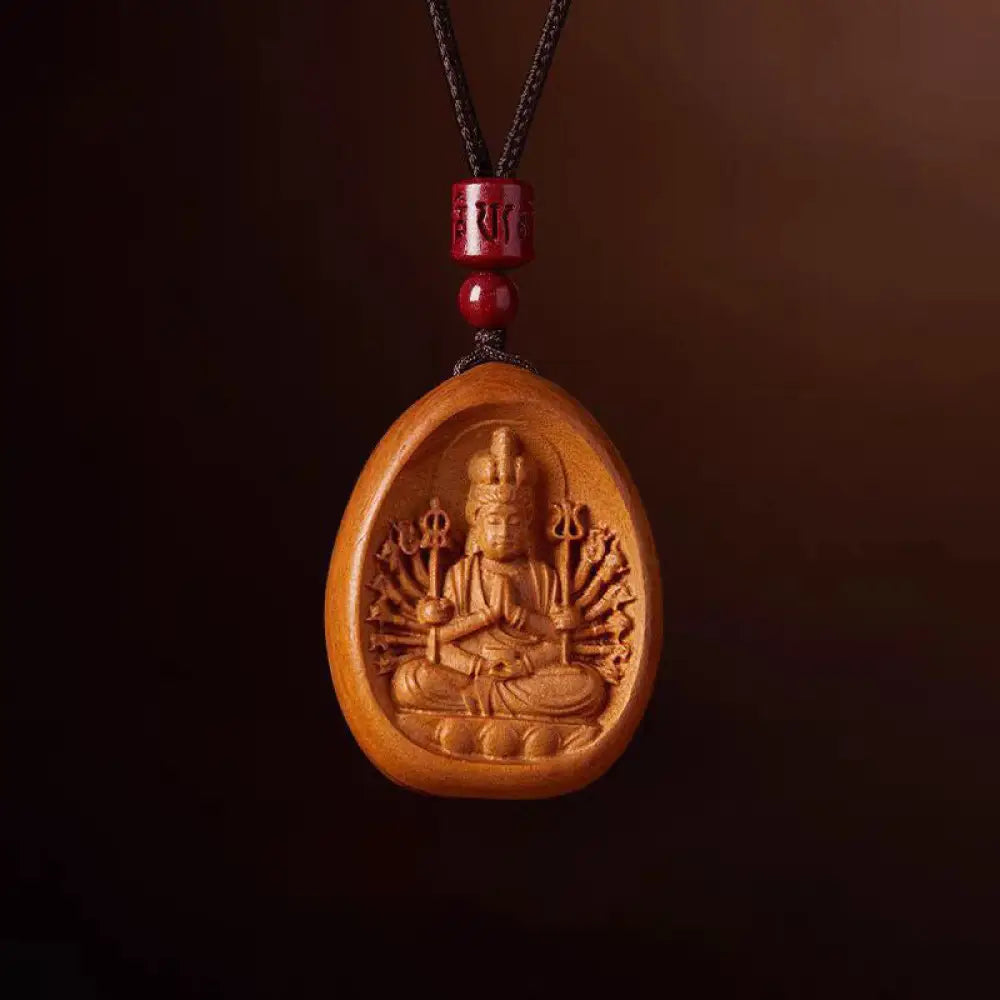 Buddha Stones Peach Wood Cinnabar Om Mani Padme Hum Chinese Zodiac Black String Necklace Pendants - BWOOOH - Peach