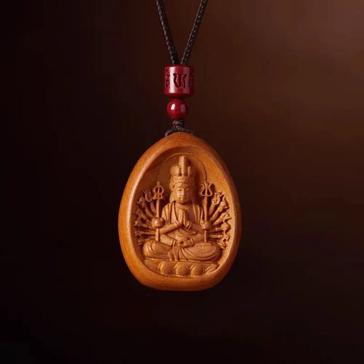 Buddha Stones Peach Wood Cinnabar Om Mani Padme Hum Chinese Zodiac Black String Necklace Pendants - BWOOOH - Peach