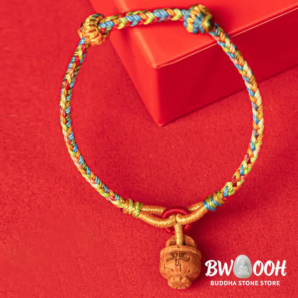 Buddha Stones Peach Wood Fu Character Safe And Well Wealth Bracelet - BWOOOH - Bracelet