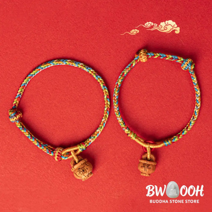 Buddha Stones Peach Wood Fu Character Safe And Well Wealth Bracelet - BWOOOH - Bracelet