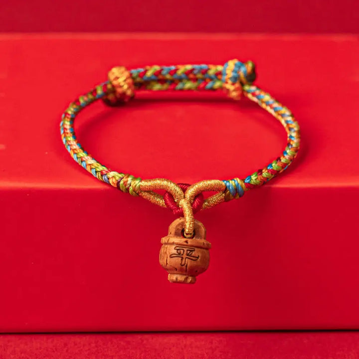 Buddha Stones Peach Wood Fu Character Safe And Well Wealth Bracelet - BWOOOH - Ping An Safe And Well Character