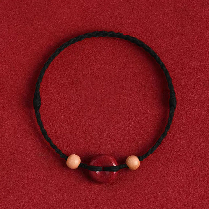 Buddha Stones Peach Wood Peace Buckle Cinnabar Wealth String Bracelet Anklet - BWOOOH - Black Rope / Bracelet(Wrist