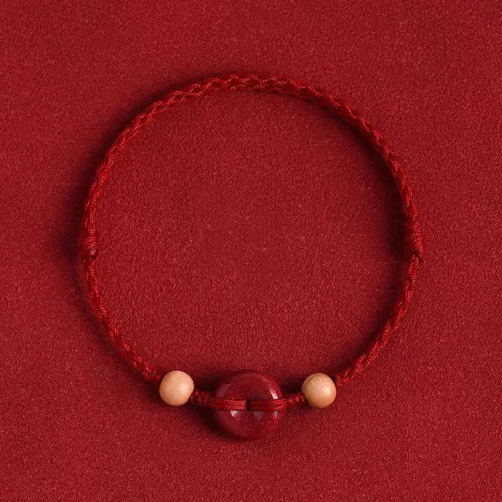 Buddha Stones Peach Wood Peace Buckle Cinnabar Wealth String Bracelet Anklet - BWOOOH - Dark Red Rope / Bracelet(Wrist