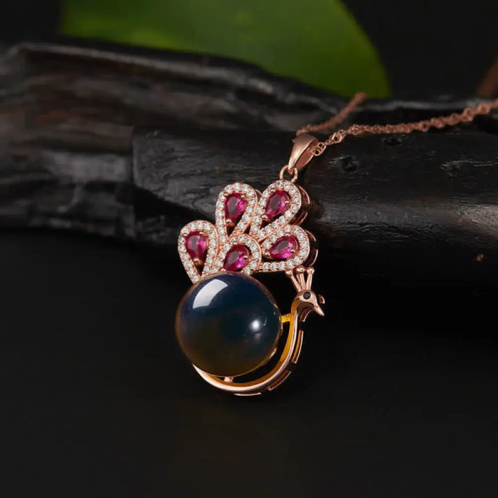 BWOOOH peacock amber fortune love necklace pendant and ring set